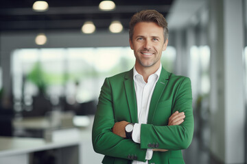 Obraz premium happy businessman ceo, man, standing in office arms crossed, in green jacket, elegant, slim