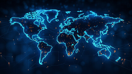Blue neon world map - obrazy, fototapety, plakaty