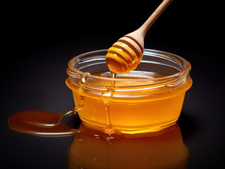 a honey dripping from a wooden stick into a jar