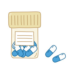 Medicine pills in plastic container or jar with label, doodle style vector