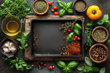 herbs, olive oil, spices around cast-iron square frying pan in center of frame, power background with free space for text - obrazy, fototapety, plakaty