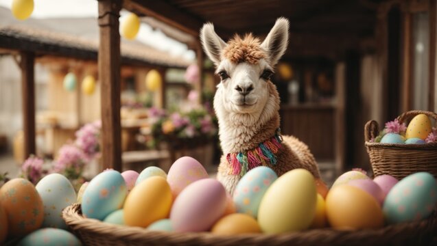 Cute alpaca with colorful Easter eggs