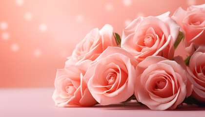 Pink roses lie on the table, pink blurred background