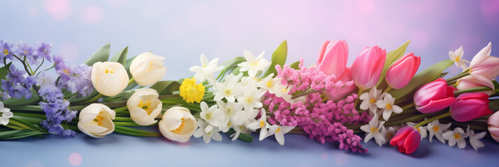Fototapeta na wymiar Banner with spring flowers, tulips, irises, lilacs, daffodils on blue and purple background