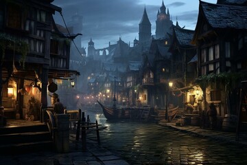 Naklejka premium A medieval town with a pirate tavern, shops, and a fantasy atmosphere. Generative AI