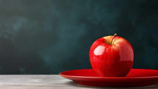 Red apple on red plate with dark background. Red Apple. Fruit Background. Food photography. Horizontal format. Minimalism. Free space for text