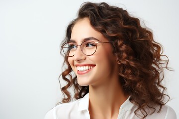 Obraz premium Portrait of young woman in eyeglasses on white background