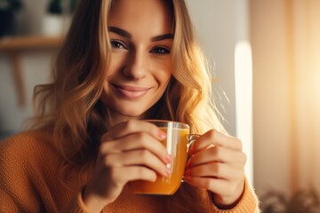 Young beautiful woman drinking coffee in the kitchen