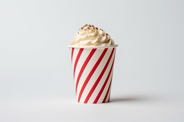 Red striped paper cup with sweet ice cream on white background
