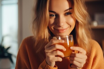 Young beautiful woman drinking coffee in the kitchen