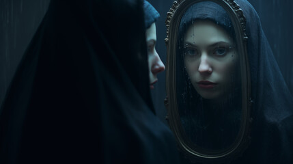 Surrealistische Szene: Frau betrachtet sich selbst im Spiegel. Konzept: Wahrnehmung zwischen Realität und Abbild / Spiegelung. 