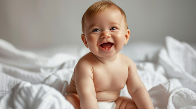 Cheerful baby sitting up on a white blanket, smiling widely, and exuding joy and innocence.