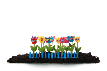 Artificial funny tulips in spring