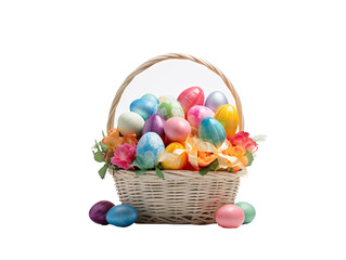 a basket full of colorful eggs and flowers