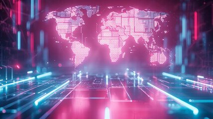 World map on digital tech background.