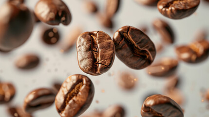 Fototapeta premium Close-up of scattered roasted coffee beans on a white background, with a central bean in sharp focus.