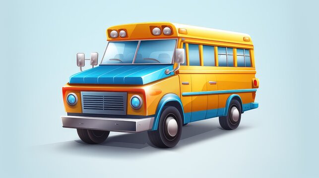 Modern orange mini school bus on blue background with shadow, back to School