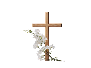 a wooden cross with white flowers