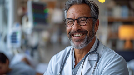 Fototapeta premium A compassionate doctor on bedside rounds in a serene hospital room, surrounded by soft natural light, engaging in a thoughtful conversation with a patient, capturing the human conn