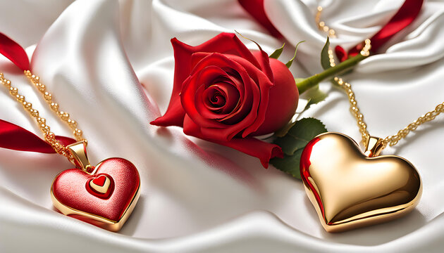 Cinematic screen image of natural red rose flower laying beside two 3D love heart necklaces