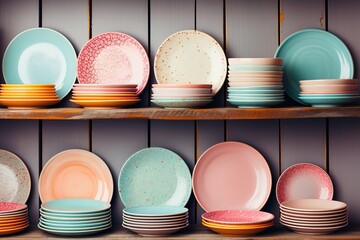 Beautiful ceramic dinnerware in pastel colors on a stylish kitchen counter. Kitchen background