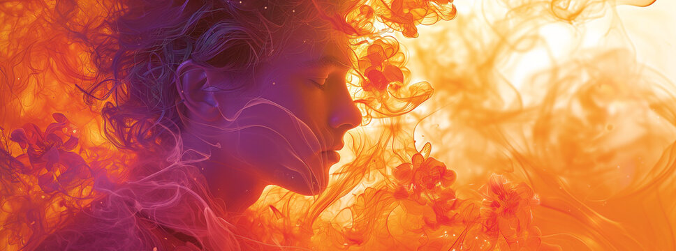 Deep thinking concept.
Abstract portrait in waves of fire