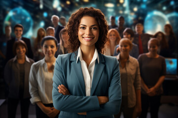 Smiling confident caucasian business leader standing in an office with her team behind. Portrait of confident businesswoman with employees. Posing with crossed hands