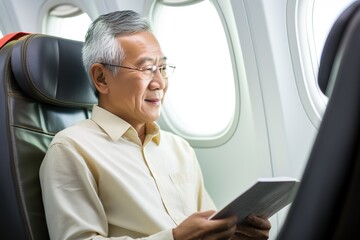 elderly asian gray haired man with glasses reading a book at the airplane window