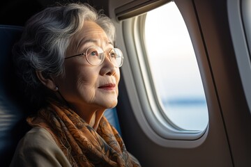 beautiful stylish elderly asian gray haired woman with glasses looling out the airplane window