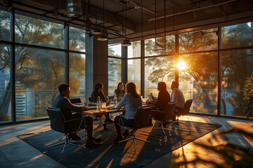 Fototapeta na wymiar Diverse millennial business team talking in meeting room, negotiating on project at table at glass wall panoramic window during sunset, discussing deal in open space, modern office interior. Wide shot
