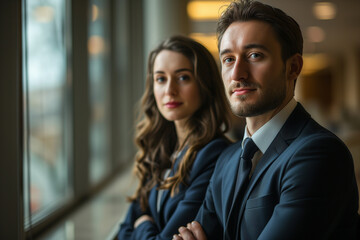 Two young self-confident successful handsome business partners a man and a woman standing next to each other with crossed hands next to a window, confidently looking out the window. 