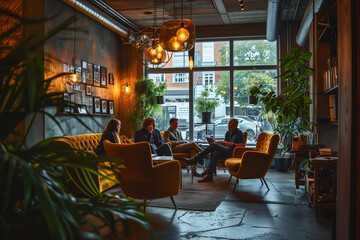 Four coworkers are having a project discussion in a modern cafe with stylish furniture. Brainstorming among teammates discussing work tasks and strategies