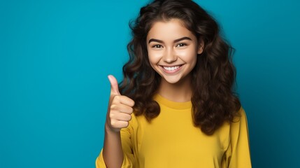 Cheerful skilled girl using laptop, showing ok sign, winking, isolated on blue background.
