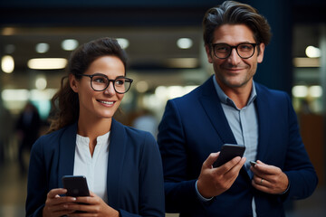 Portrait of two cheerful happy middle aged colleagues business man and woman wearing suit and glasses walking in a business center talking with each other using mobile phone. - Powered by Adobe