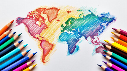 World map drawn with colored pencils