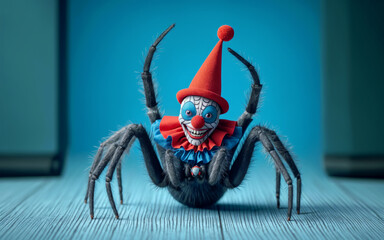 Funny clown spider in a red cap and a red nose on a blue background double phobia - obrazy, fototapety, plakaty