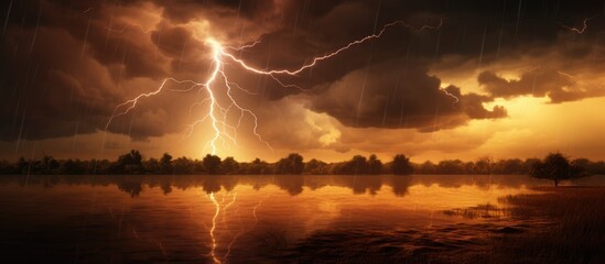 Golden hour thunderstorm with lightning in the sky.
