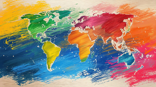 World map drawn with colored pencils