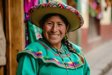 a young indigenous peruvian woman wearing a green traditional peruvian dress  smiling to camera - obrazy, fototapety, plakaty
