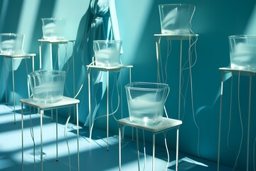 Luminous paperclips casting shadows on a baby blue backdrop, creating a visually captivating scene