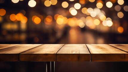 Wooden table in front of abstract blurred restaurant lights background - obrazy, fototapety, plakaty