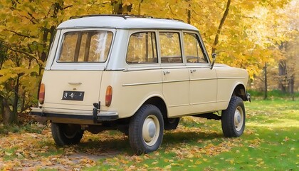 Old classic wagon in beige color standing outdoors in autumn