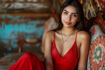 Fototapeta premium peruvian young woman wearing a red dress smiling to camera in the streets