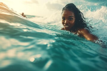 young black woman surfing the waves  on her surfboard - obrazy, fototapety, plakaty