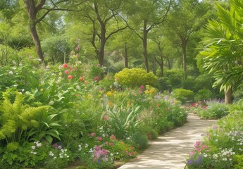 Obraz premium Garden stone path with grass growing up between the stones.Detail of a botanical garden. 