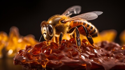 Bee on honeycomb during golden hour, sony fe 90mm f 2.8 macro g oss lens, sony alpha 9 - obrazy, fototapety, plakaty