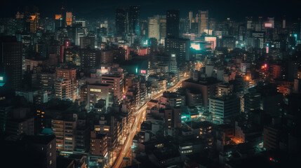Fototapeta na wymiar A bustling Tokyo skyline at night, neon lights illuminating the streets, a blend of modern skyscrapers 