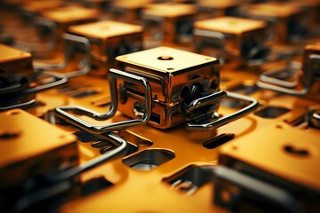 Macro shot of metallic binder clips creating an abstract design on a soft yellow backdrop - obrazy, fototapety, plakaty