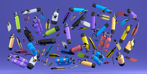 Many of flying scuba stuff like oxygen tank, flip flops and scuba mask on violet