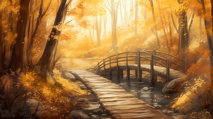 A cozy autumn forest landscape with a winding path covered in fallen leaves, sunlight streaming through the colorful canopy, a small wooden bridge over a babbling brook, capturing the charm 